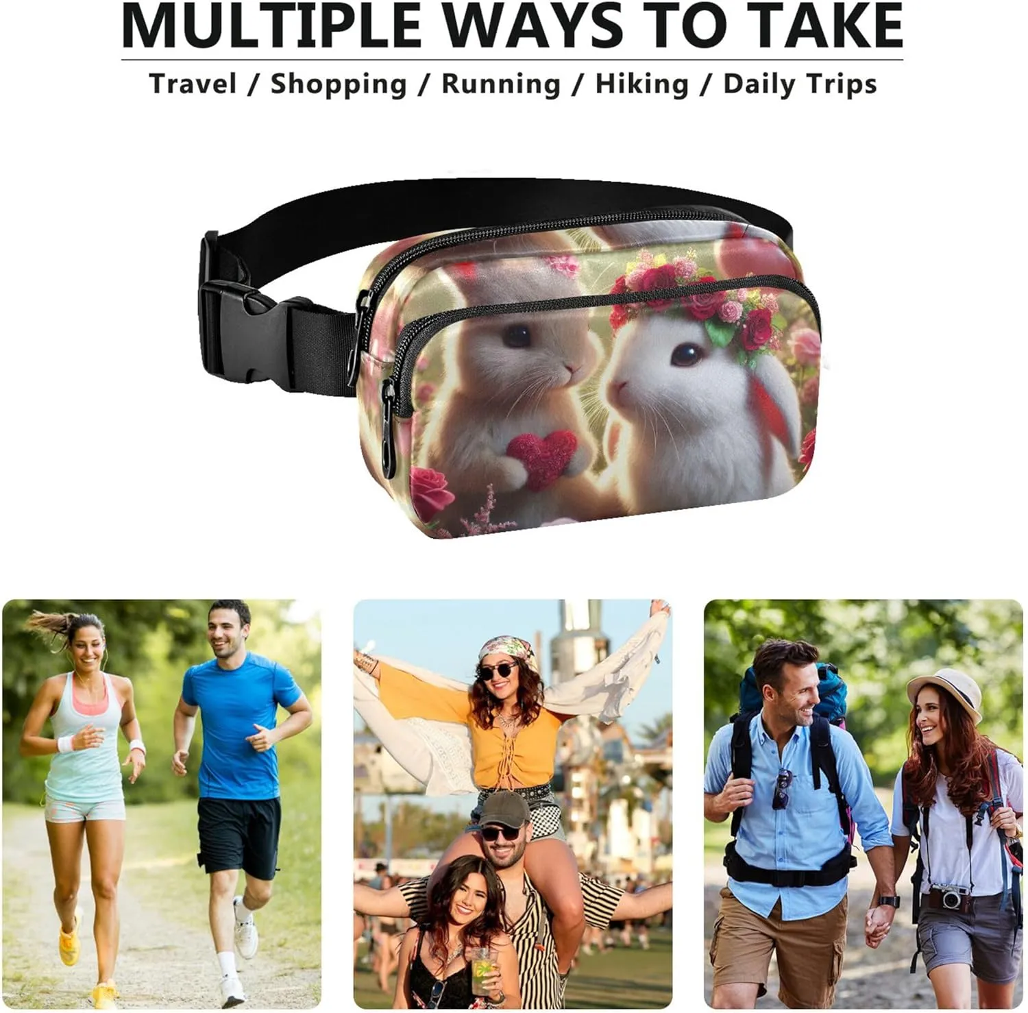Lovely Bunny Floral Valentine Fanny Packs Women Belt Bag Hip Pouch Waterproof Hiking Waist Pouch for Women