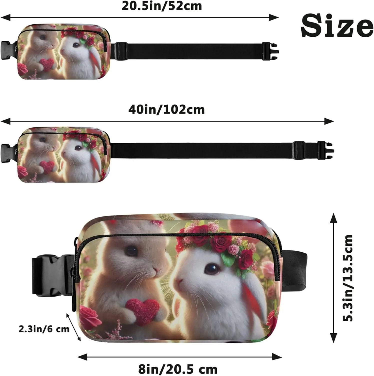 Lovely Bunny Floral Valentine Fanny Packs Women Belt Bag Hip Pouch Waterproof Hiking Waist Pouch for Women