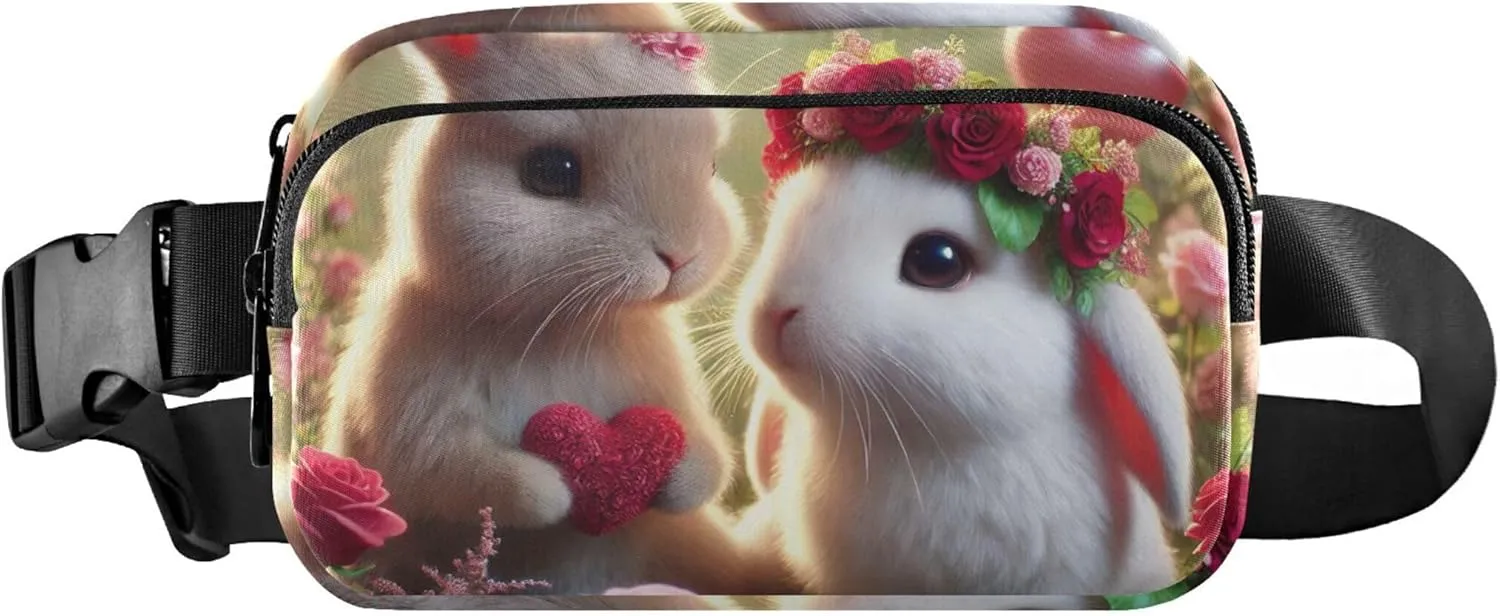 Lovely Bunny Floral Valentine Fanny Packs Women Belt Bag Hip Pouch Waterproof Hiking Waist Pouch for Women