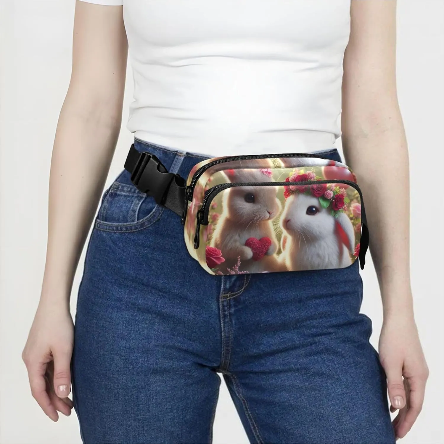 Lovely Bunny Floral Valentine Fanny Packs Women Belt Bag Hip Pouch Waterproof Hiking Waist Pouch for Women