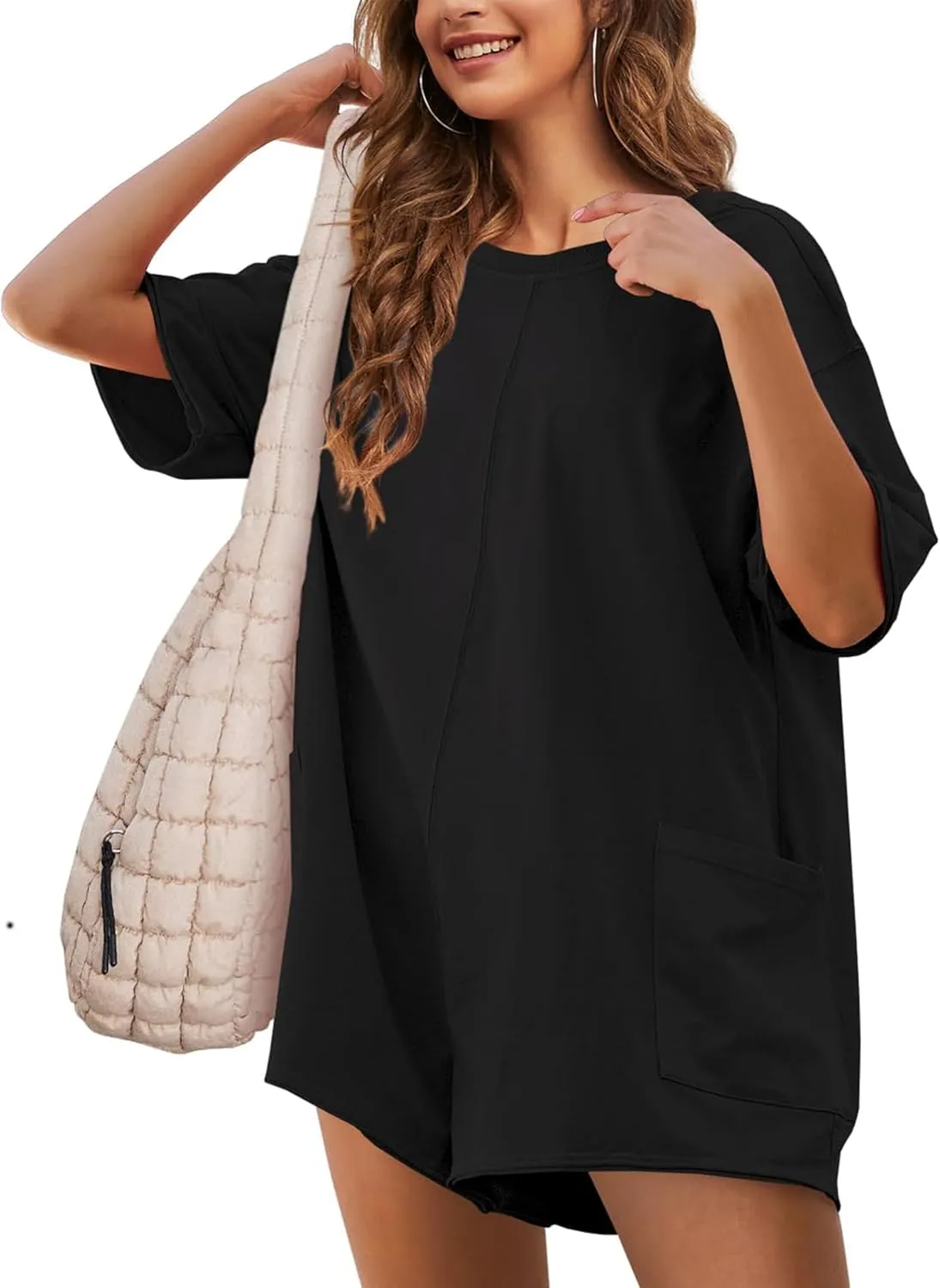 LTSCNRM Womens Tee Rompers Casual One Piece Hot Shot Oversized Overall Short Sleeve Reversible Athletic Workout Pockets