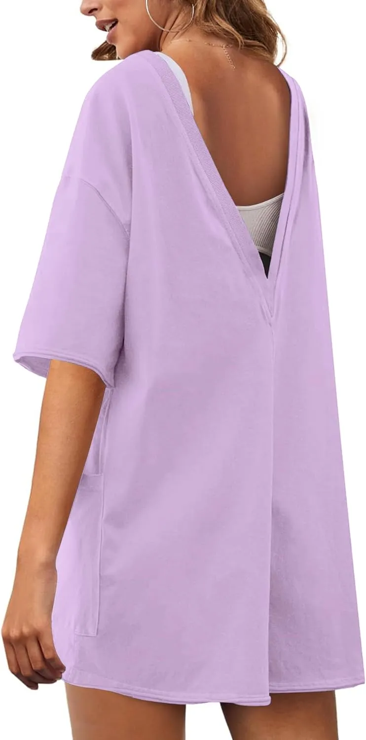LTSCNRM Womens Tee Rompers Casual One Piece Hot Shot Oversized Overall Short Sleeve Reversible Athletic Workout Pockets