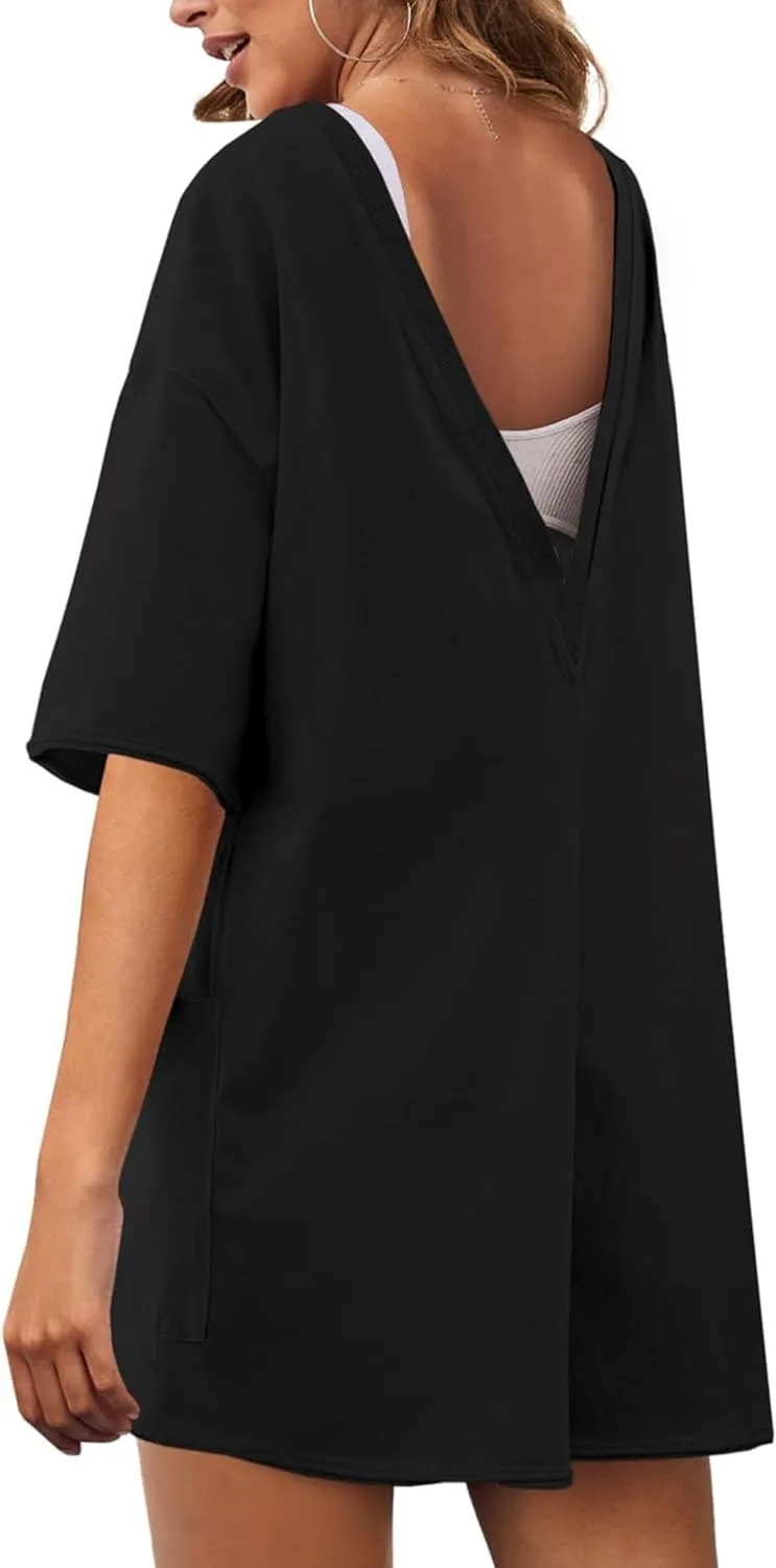LTSCNRM Womens Tee Rompers Casual One Piece Hot Shot Oversized Overall Short Sleeve Reversible Athletic Workout Pockets