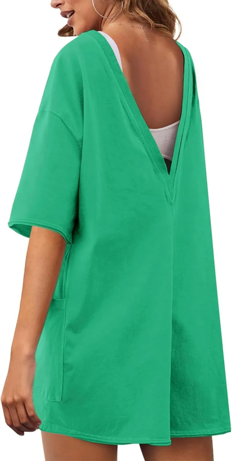 LTSCNRM Womens Tee Rompers Casual One Piece Hot Shot Oversized Overall Short Sleeve Reversible Athletic Workout Pockets