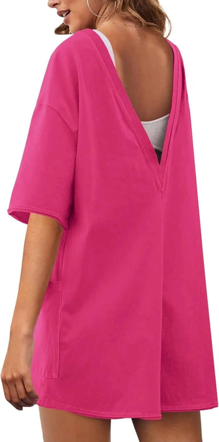 LTSCNRM Womens Tee Rompers Casual One Piece Hot Shot Oversized Overall Short Sleeve Reversible Athletic Workout Pockets