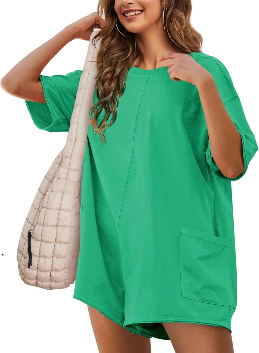 LTSCNRM Womens Tee Rompers Casual One Piece Hot Shot Oversized Overall Short Sleeve Reversible Athletic Workout Pockets