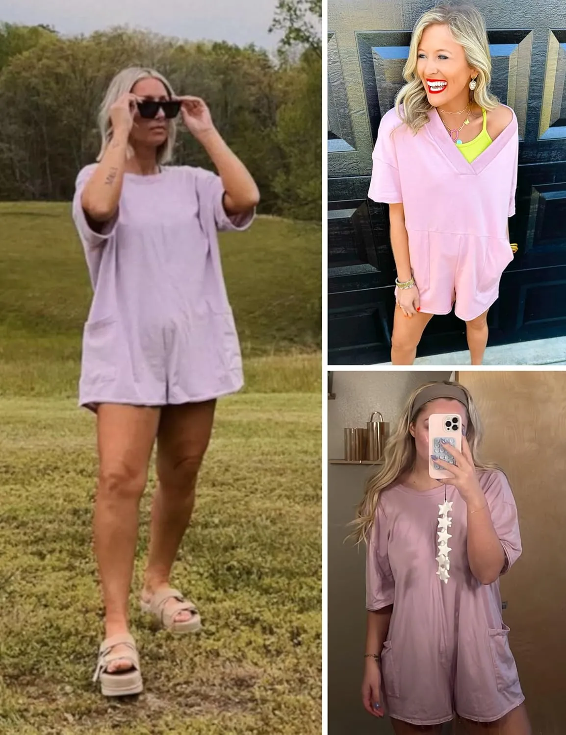 LTSCNRM Womens Tee Rompers Casual One Piece Hot Shot Oversized Overall Short Sleeve Reversible Athletic Workout Pockets