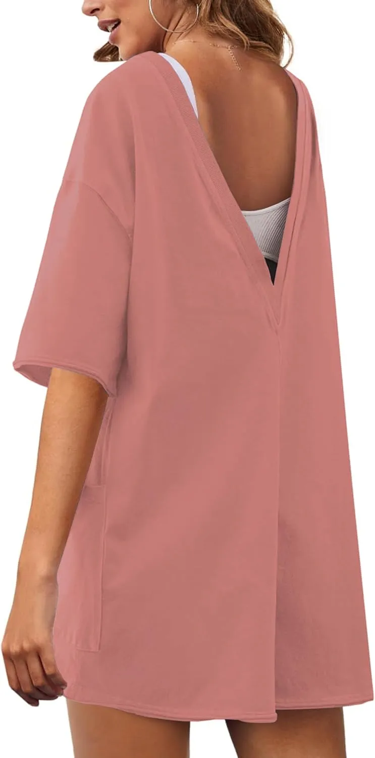 LTSCNRM Womens Tee Rompers Casual One Piece Hot Shot Oversized Overall Short Sleeve Reversible Athletic Workout Pockets