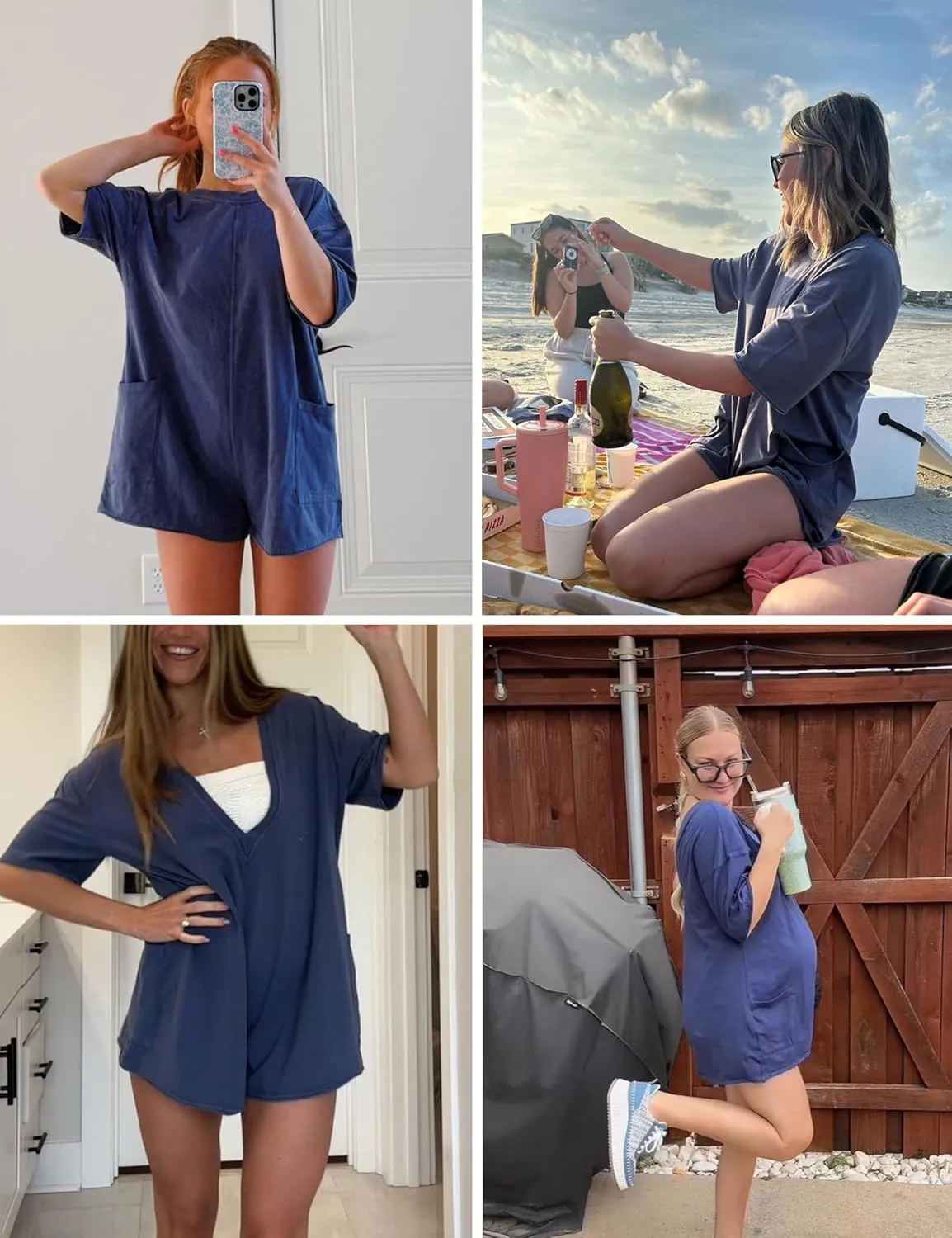 LTSCNRM Womens Tee Rompers Casual One Piece Hot Shot Oversized Overall Short Sleeve Reversible Athletic Workout Pockets