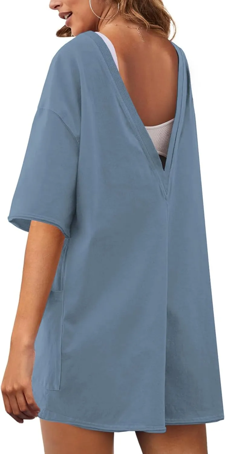 LTSCNRM Womens Tee Rompers Casual One Piece Hot Shot Oversized Overall Short Sleeve Reversible Athletic Workout Pockets