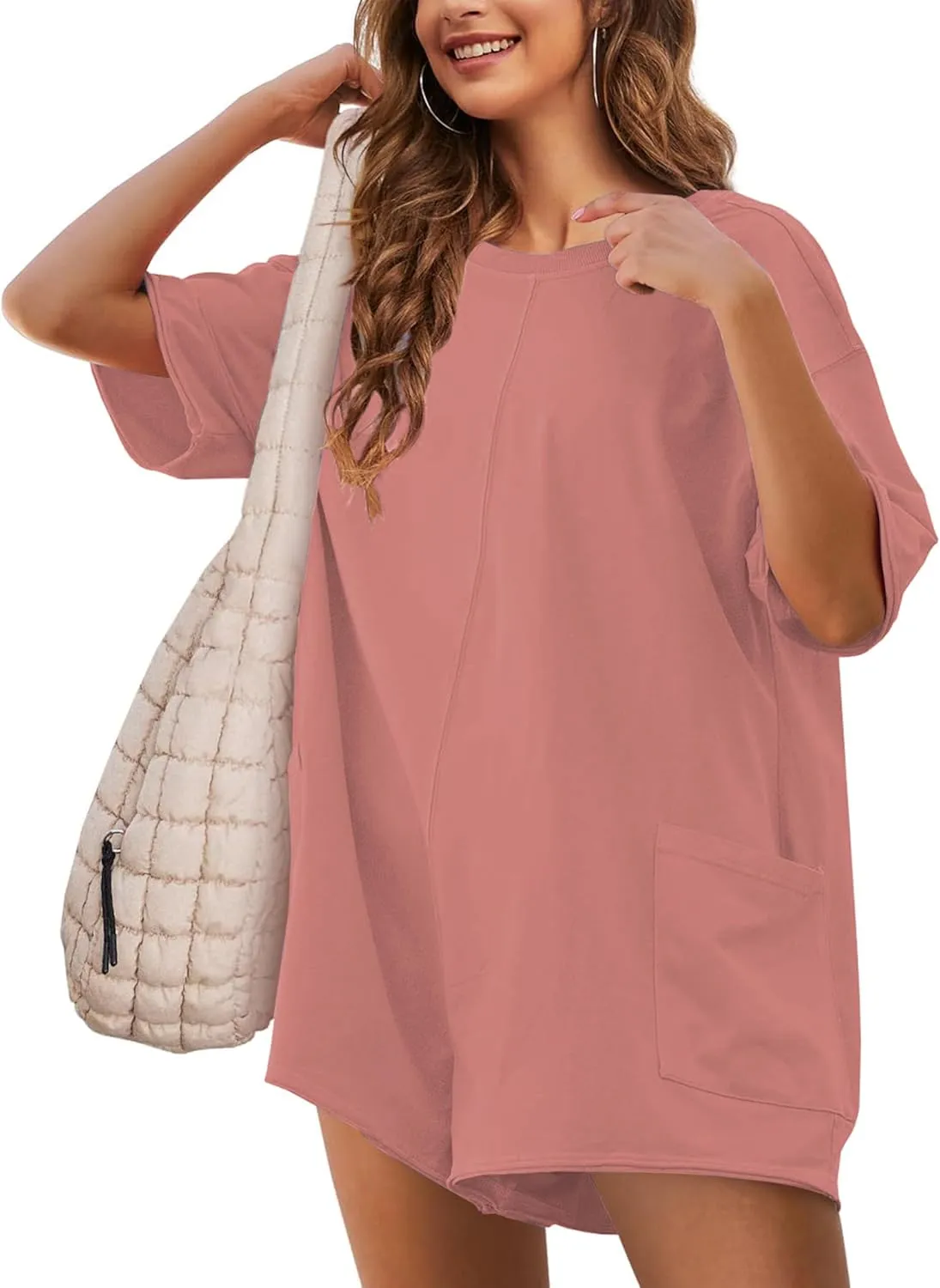 LTSCNRM Womens Tee Rompers Casual One Piece Hot Shot Oversized Overall Short Sleeve Reversible Athletic Workout Pockets