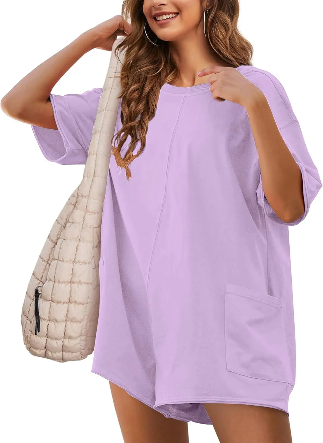 LTSCNRM Womens Tee Rompers Casual One Piece Hot Shot Oversized Overall Short Sleeve Reversible Athletic Workout Pockets