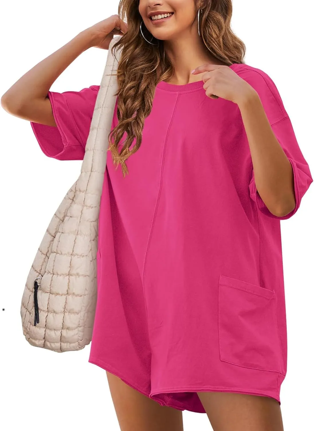 LTSCNRM Womens Tee Rompers Casual One Piece Hot Shot Oversized Overall Short Sleeve Reversible Athletic Workout Pockets