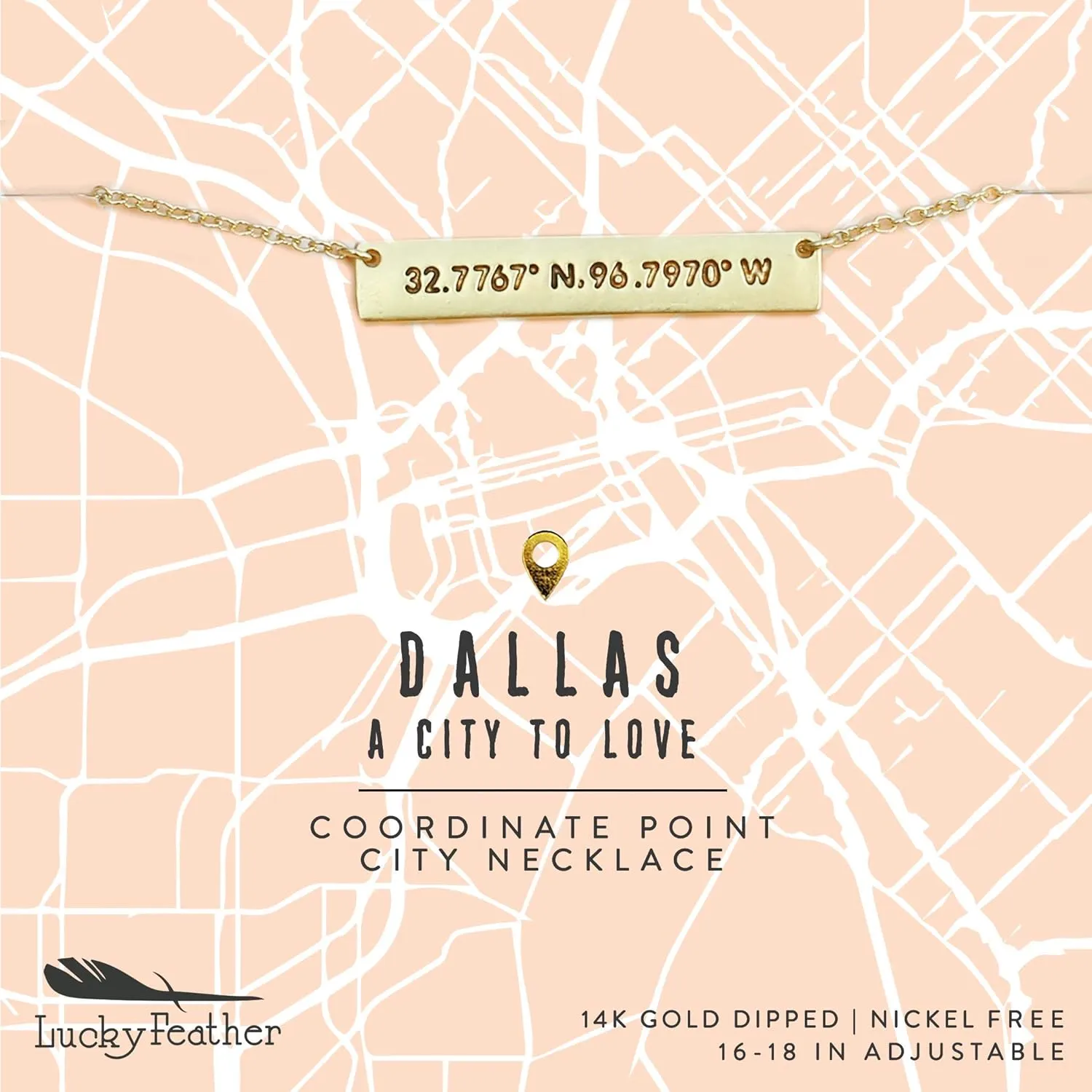 Lucky Feather City Coordinate Bar Necklace  14K Gold Dipped Horizontal Bar Necklaces for Women with 16  18 Adjustable Cable Chain - Dallas Souvenirs