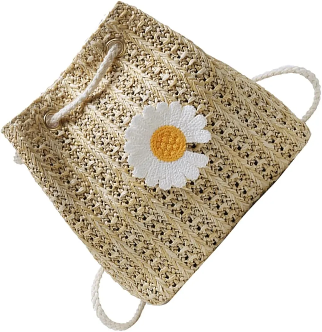 Luxury Straw Bucket Bag for Women Crossbody Daisy Pattern Bag Storage Pouch for Outdoor Activities
