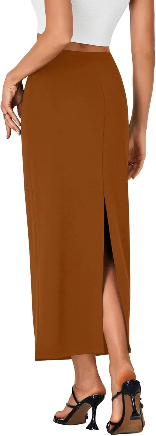 LYANER Women's Casual High Waist Slit Split Back Work Pencil Maxi Skirt