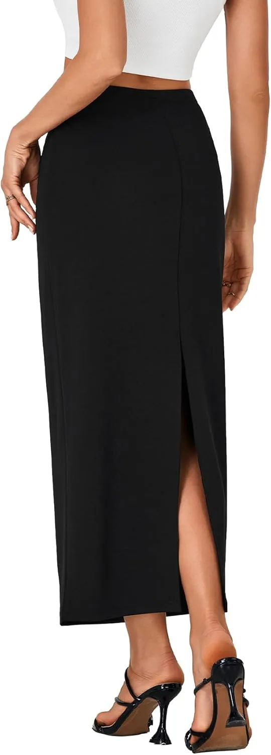 LYANER Women's Casual High Waist Slit Split Back Work Pencil Maxi Skirt