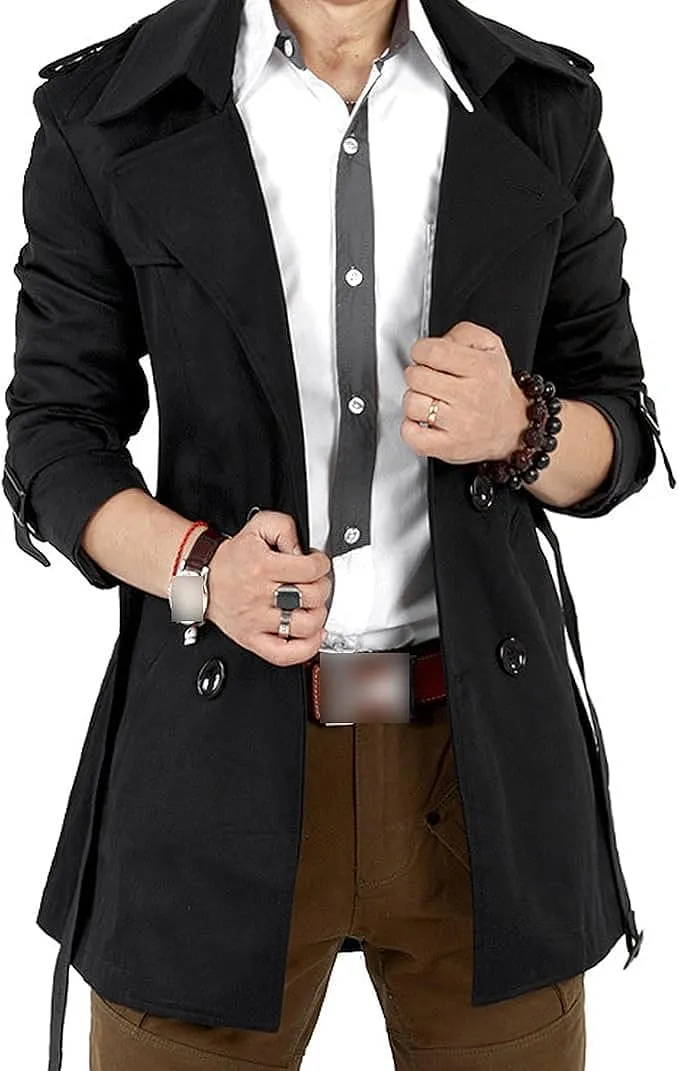 Maiyifu-GJ Men's Double Breasted Trench Overcoat Slim Notched Lapel Belted Windbreaker Jacket Spring Fall Windproof Coat (Black,Large)