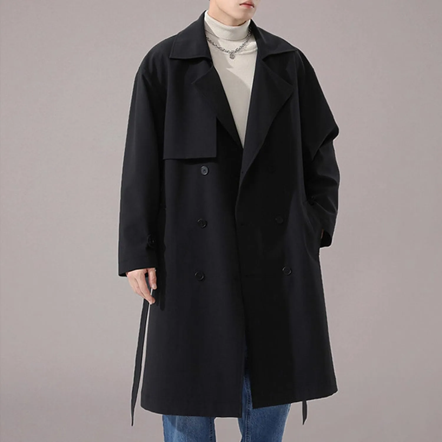 Maiyifu-GJ Men's Notch Lapel Trench Coats Double Breasted Long Trench Overcoat Lightweight Casual Windbreaker Top Coat