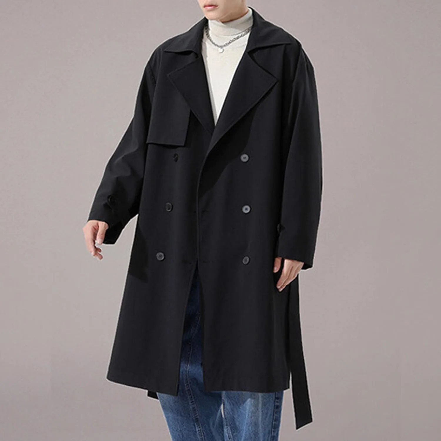 Maiyifu-GJ Men's Notch Lapel Trench Coats Double Breasted Long Trench Overcoat Lightweight Casual Windbreaker Top Coat