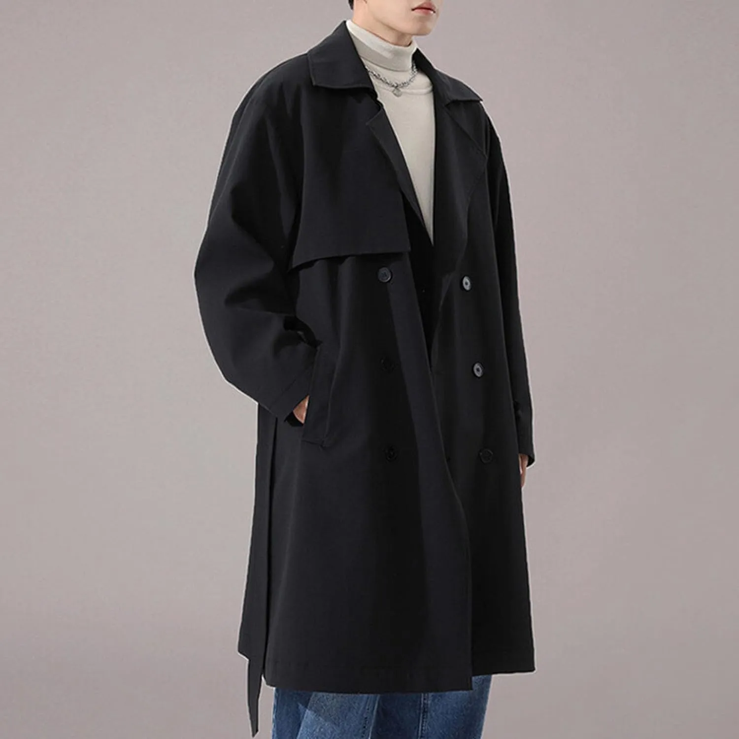 Maiyifu-GJ Men's Notch Lapel Trench Coats Double Breasted Long Trench Overcoat Lightweight Casual Windbreaker Top Coat