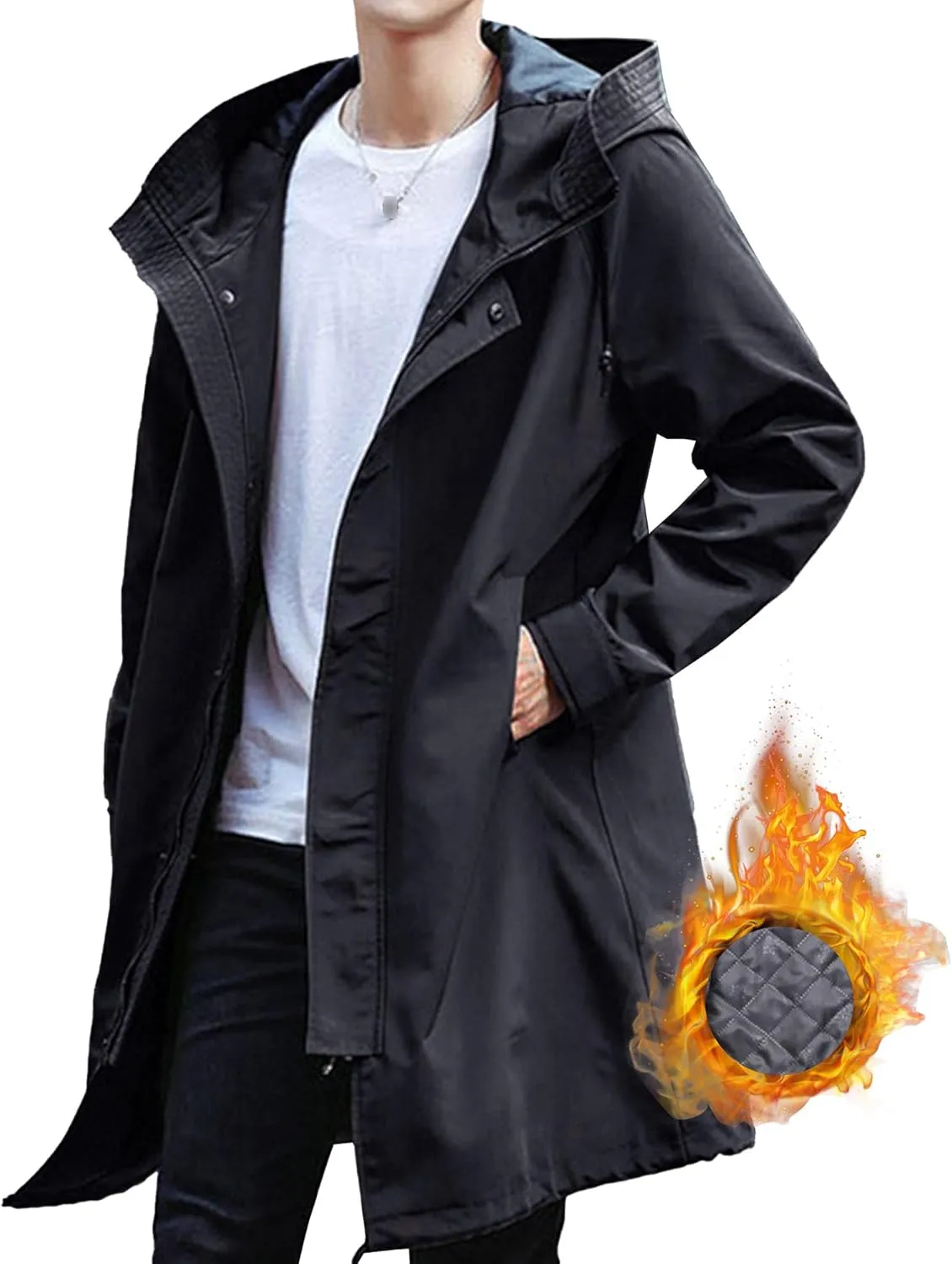 Maiyifu-GJ Men's Windbreaker Hooded Trench Coat Casual Lightweight Windproof Mid Long Overcoat Spring Fall Slim fit Jacket (Black 2,XX-Large)
