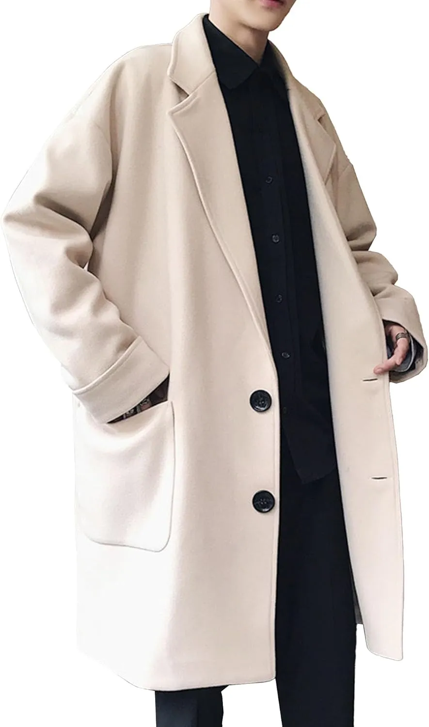 Maiyifu-GJ Mens Windbreaker Wool Blend Overcoat Spring Fall Business Long Coat Notched Collar Single Breasted Trench Coat