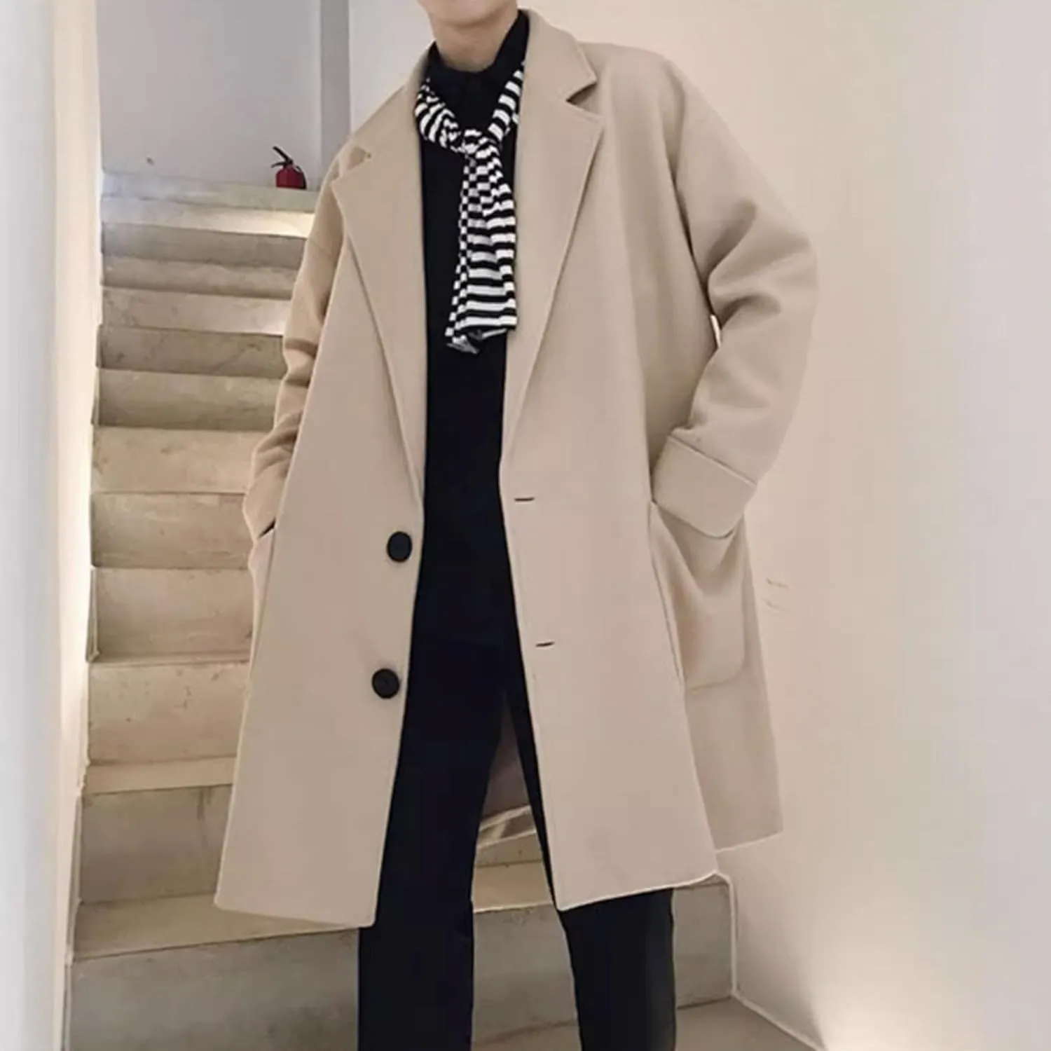 Maiyifu-GJ Mens Windbreaker Wool Blend Overcoat Spring Fall Business Long Coat Notched Collar Single Breasted Trench Coat
