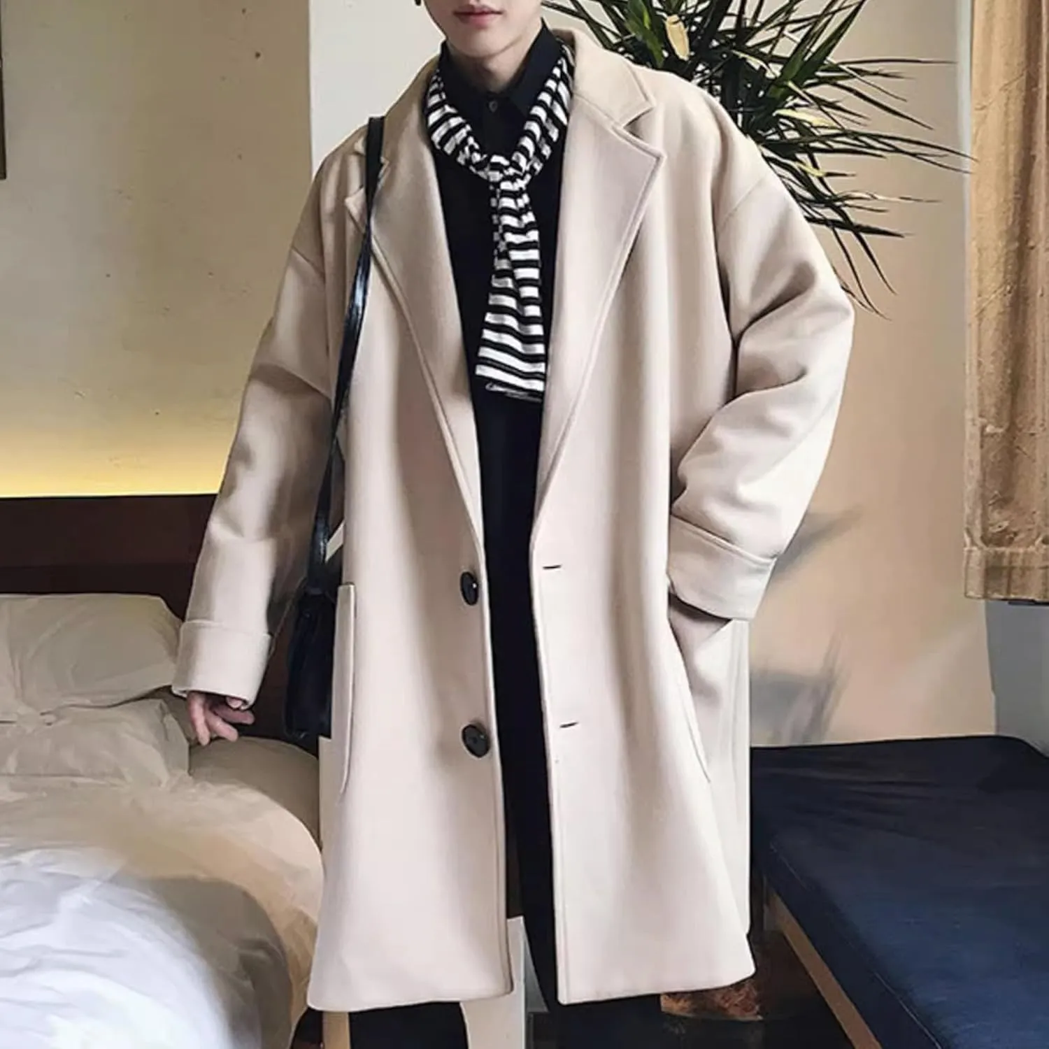 Maiyifu-GJ Mens Windbreaker Wool Blend Overcoat Spring Fall Business Long Coat Notched Collar Single Breasted Trench Coat