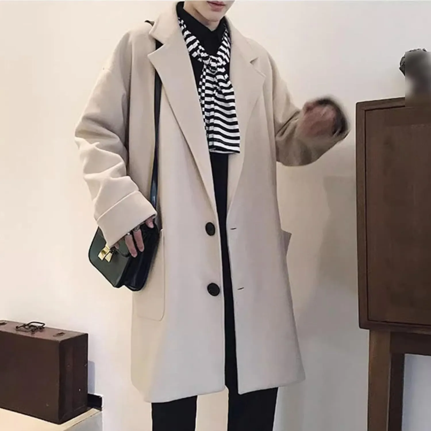 Maiyifu-GJ Mens Windbreaker Wool Blend Overcoat Spring Fall Business Long Coat Notched Collar Single Breasted Trench Coat