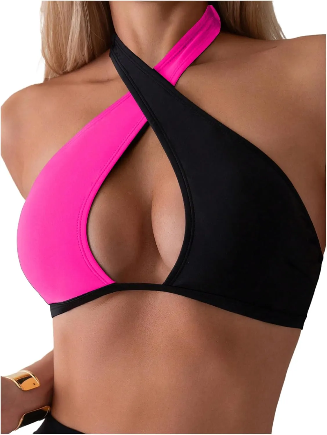 MakeMeChic Women's Halter Bikini Tops Criss Cross Cut Out Tie Backless Summer Swim Top