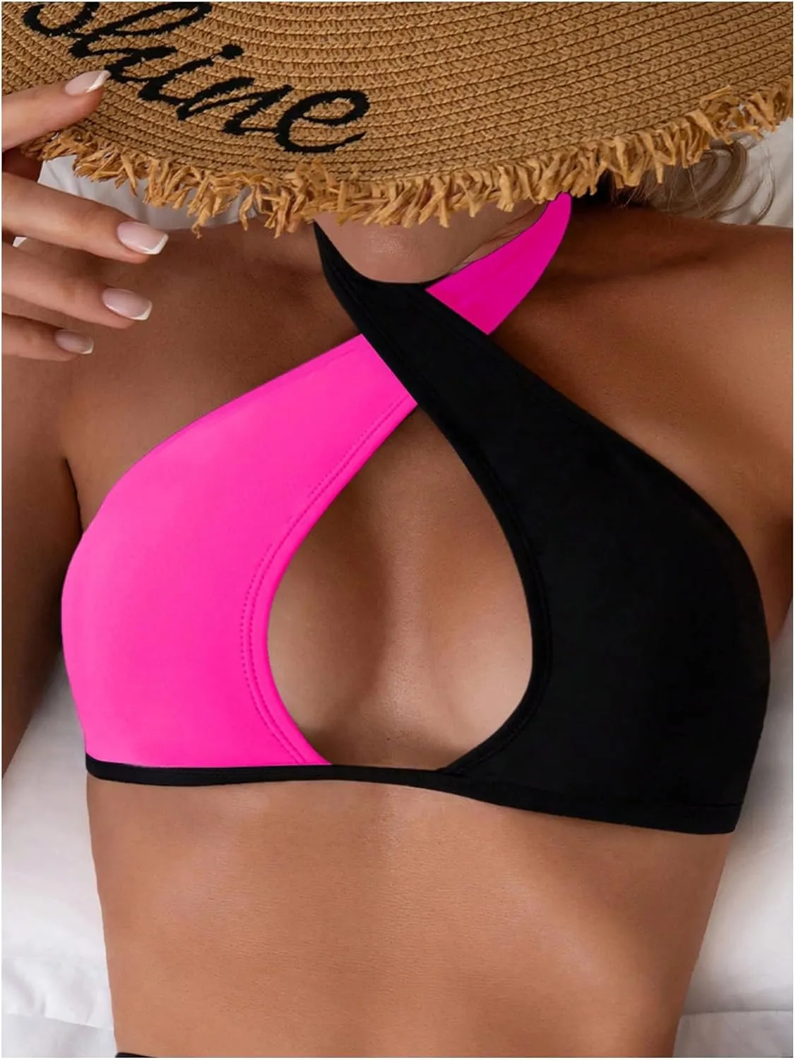 MakeMeChic Women's Halter Bikini Tops Criss Cross Cut Out Tie Backless Summer Swim Top