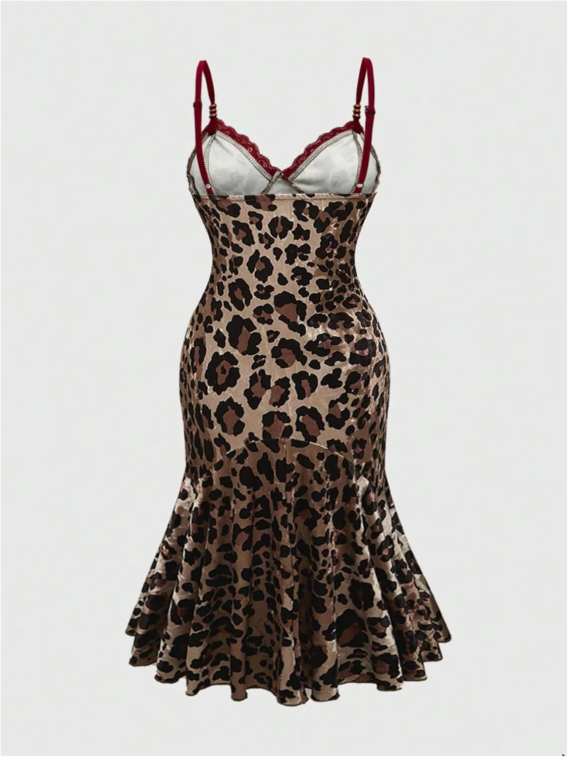 MakeMeChic Women's Plus Size Cheetah Print Dress V Neck Ruffle Hem Lace Bodycon Midi Dresses