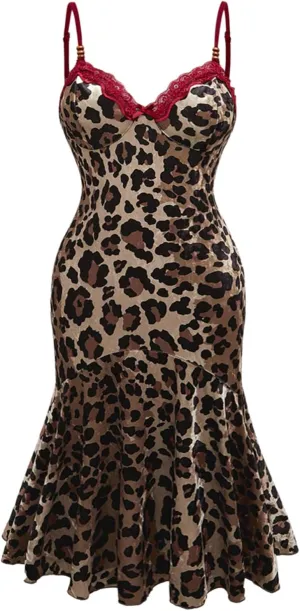 MakeMeChic Women's Plus Size Cheetah Print Dress V Neck Ruffle Hem Lace Bodycon Midi Dresses