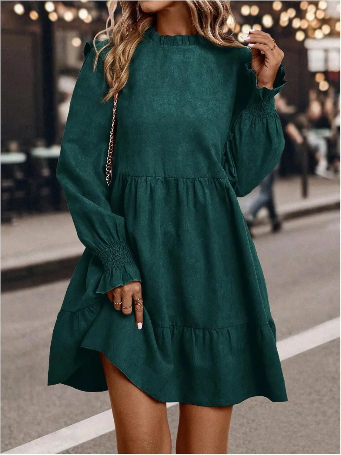 MakeMeChic Women's Ruffle Smock Dress Long Sleeve Mock Neck Shirred Frill Trim Short Dresses