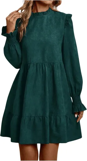 MakeMeChic Women's Ruffle Smock Dress Long Sleeve Mock Neck Shirred Frill Trim Short Dresses