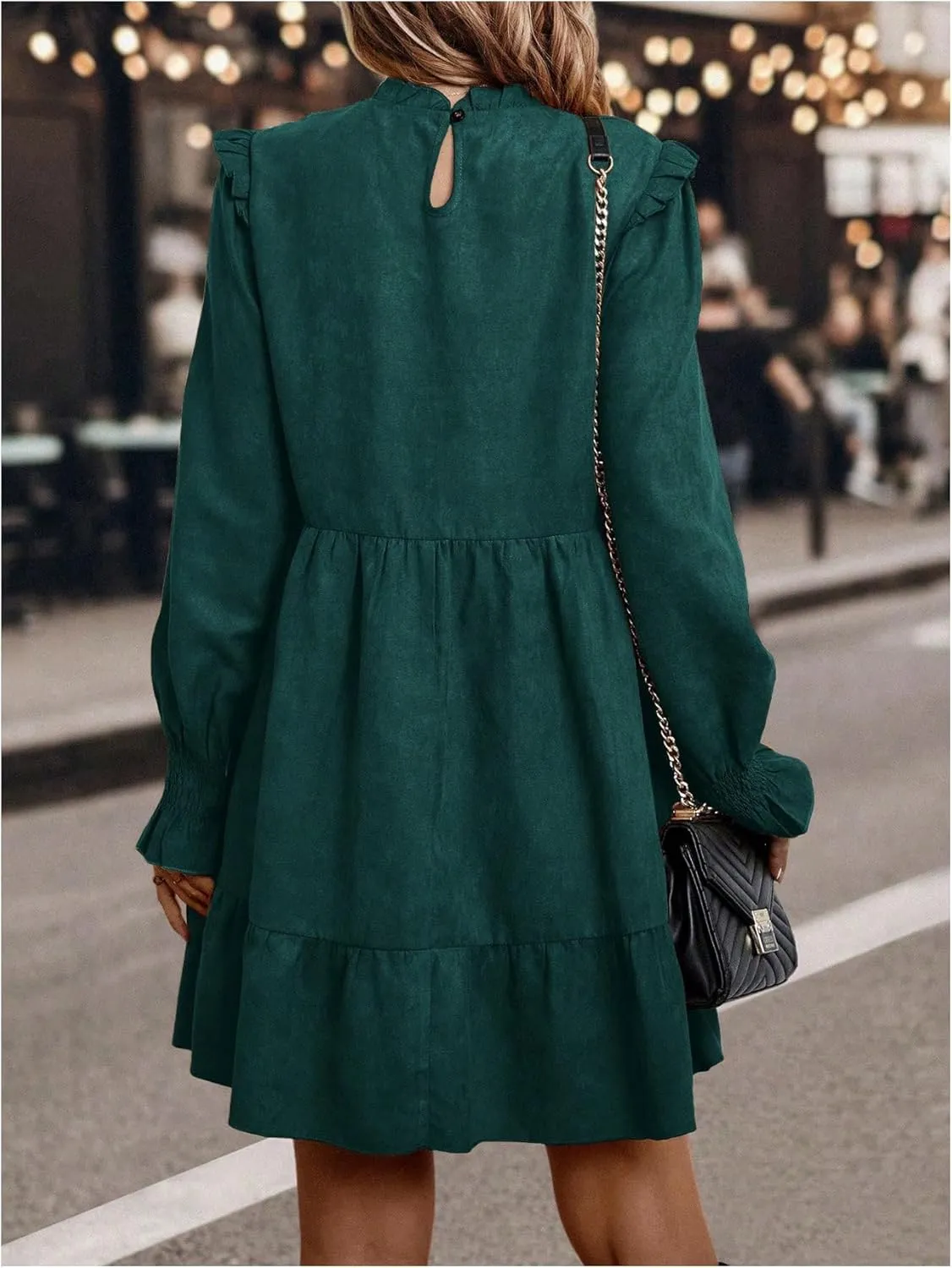 MakeMeChic Women's Ruffle Smock Dress Long Sleeve Mock Neck Shirred Frill Trim Short Dresses