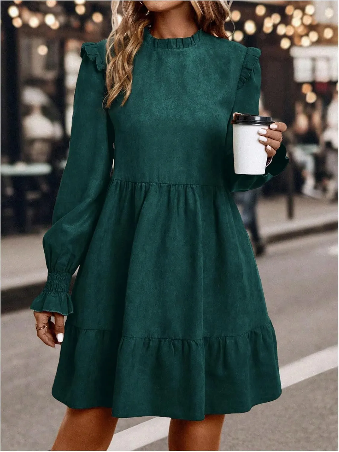 MakeMeChic Women's Ruffle Smock Dress Long Sleeve Mock Neck Shirred Frill Trim Short Dresses