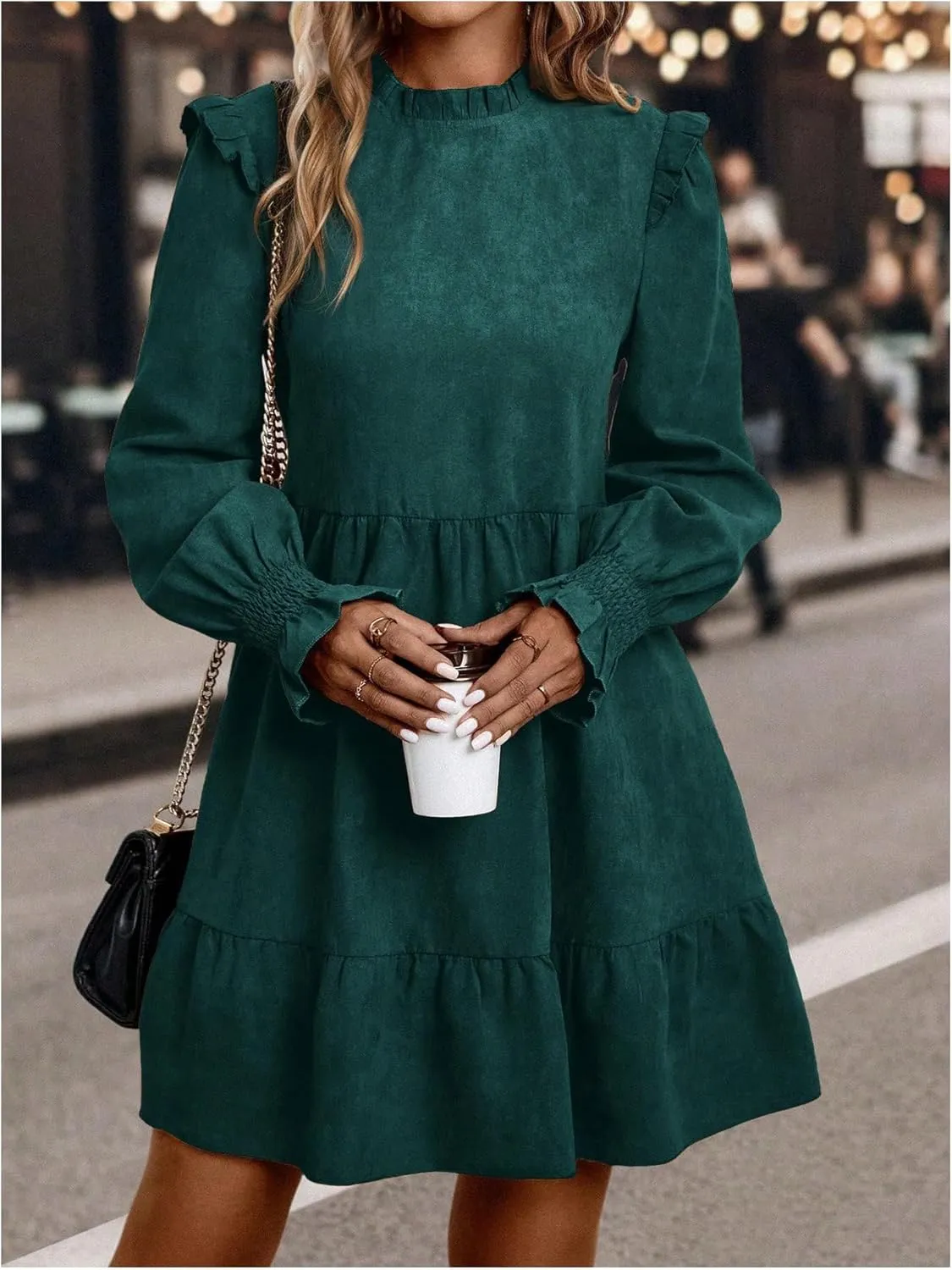 MakeMeChic Women's Ruffle Smock Dress Long Sleeve Mock Neck Shirred Frill Trim Short Dresses