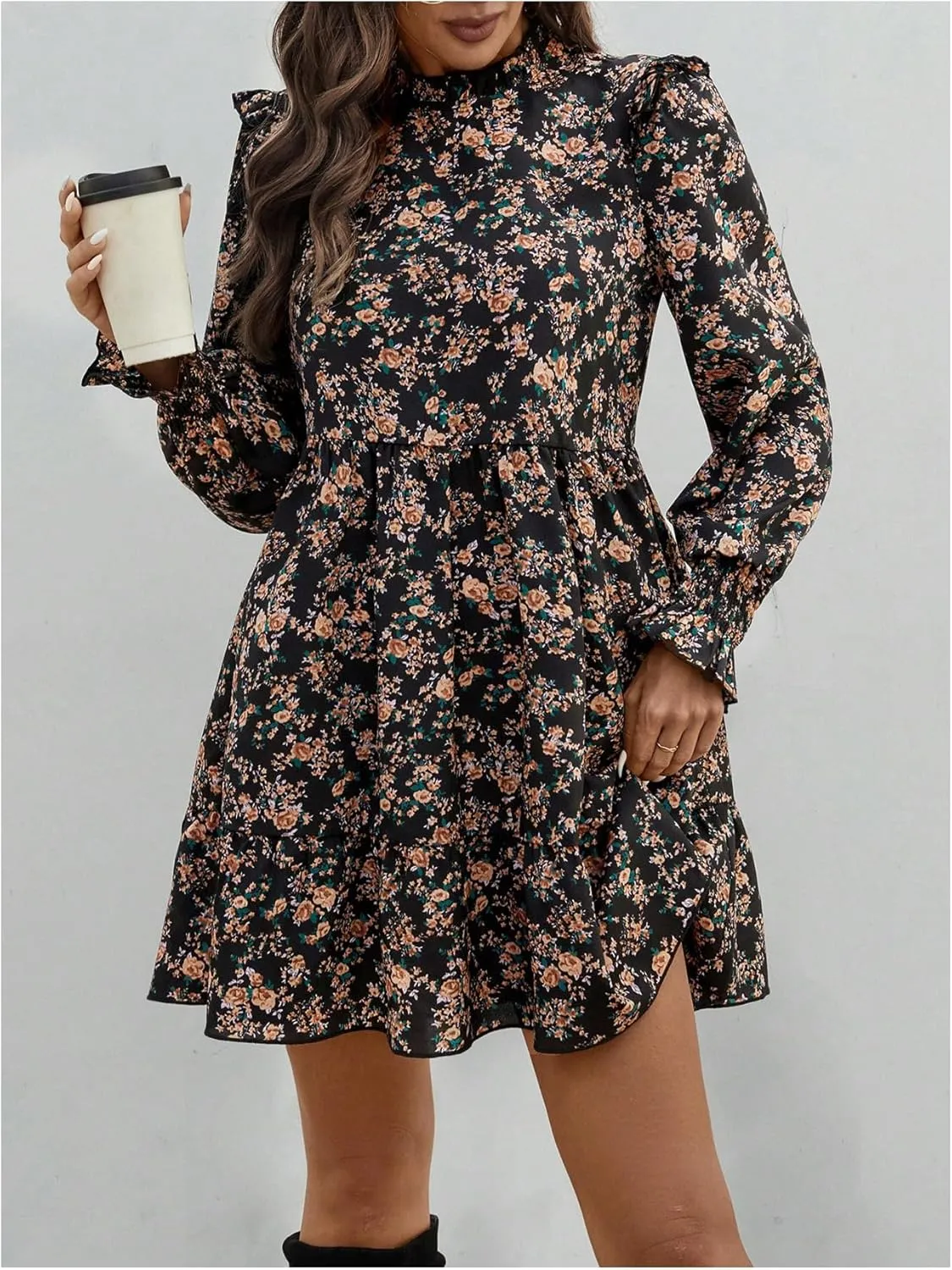 MakeMeChic Women's Ruffle Smock Dress Long Sleeve Mock Neck Shirred Frill Trim Short Dresses