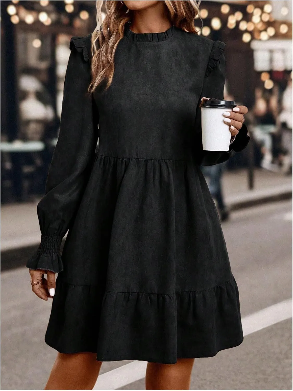 MakeMeChic Women's Ruffle Smock Dress Long Sleeve Mock Neck Shirred Frill Trim Short Dresses