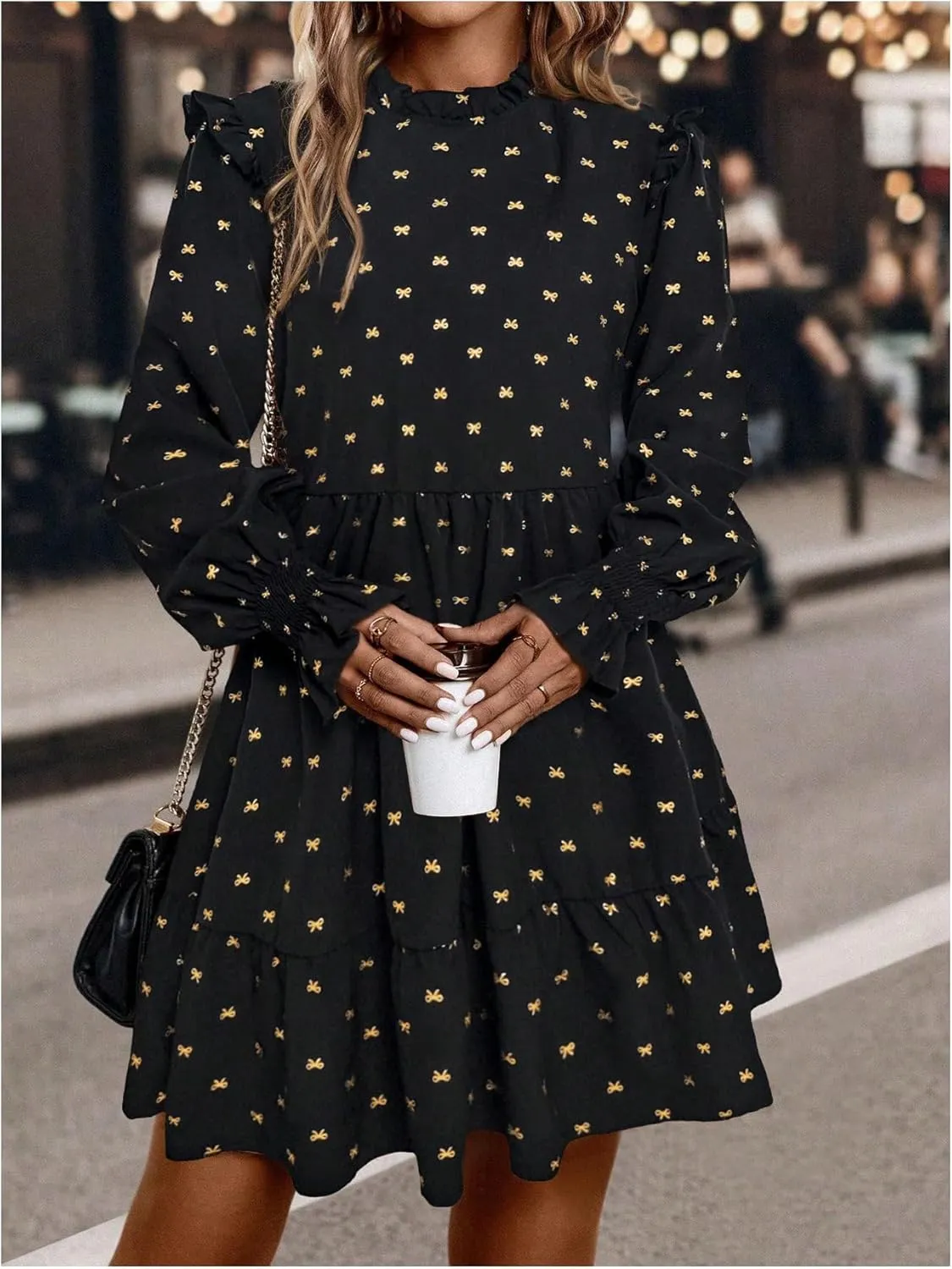 MakeMeChic Women's Ruffle Smock Dress Long Sleeve Mock Neck Shirred Frill Trim Short Dresses
