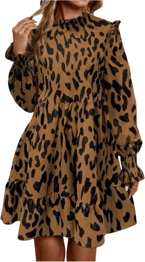 MakeMeChic Women's Ruffle Smock Dress Long Sleeve Mock Neck Shirred Frill Trim Short Dresses