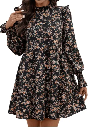 MakeMeChic Women's Ruffle Smock Dress Long Sleeve Mock Neck Shirred Frill Trim Short Dresses