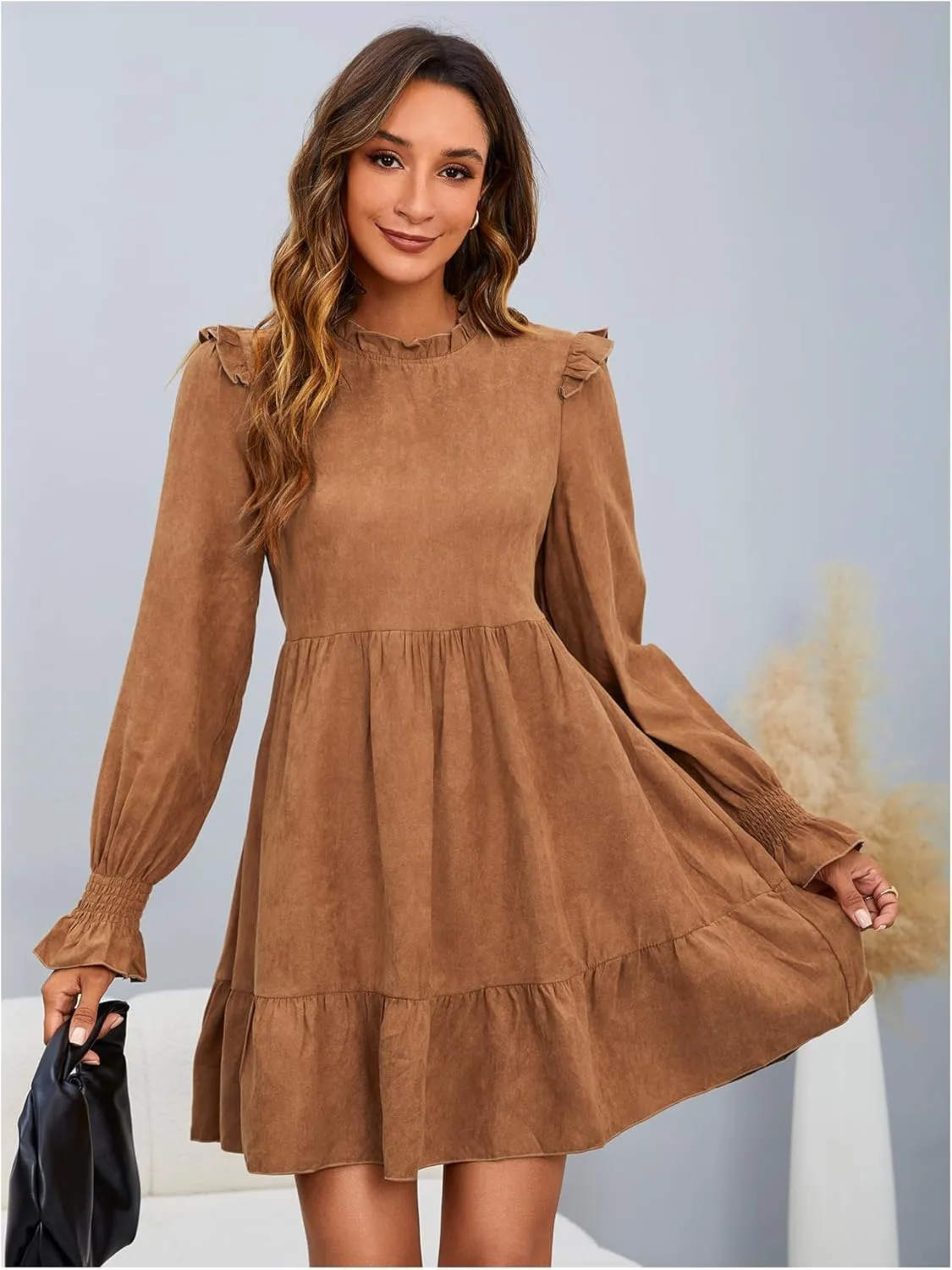 MakeMeChic Women's Ruffle Smock Dress Long Sleeve Mock Neck Shirred Frill Trim Short Dresses