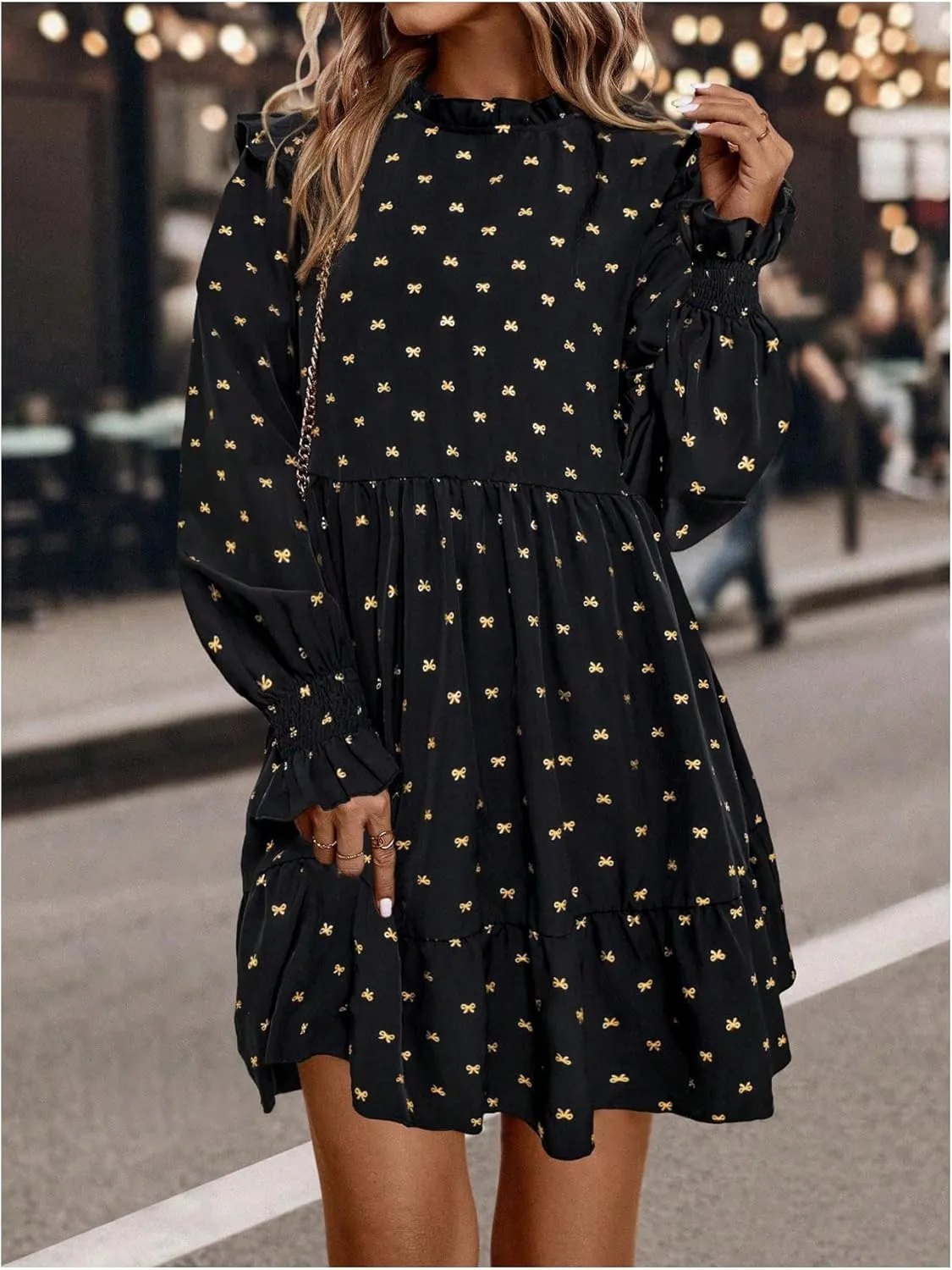 MakeMeChic Women's Ruffle Smock Dress Long Sleeve Mock Neck Shirred Frill Trim Short Dresses