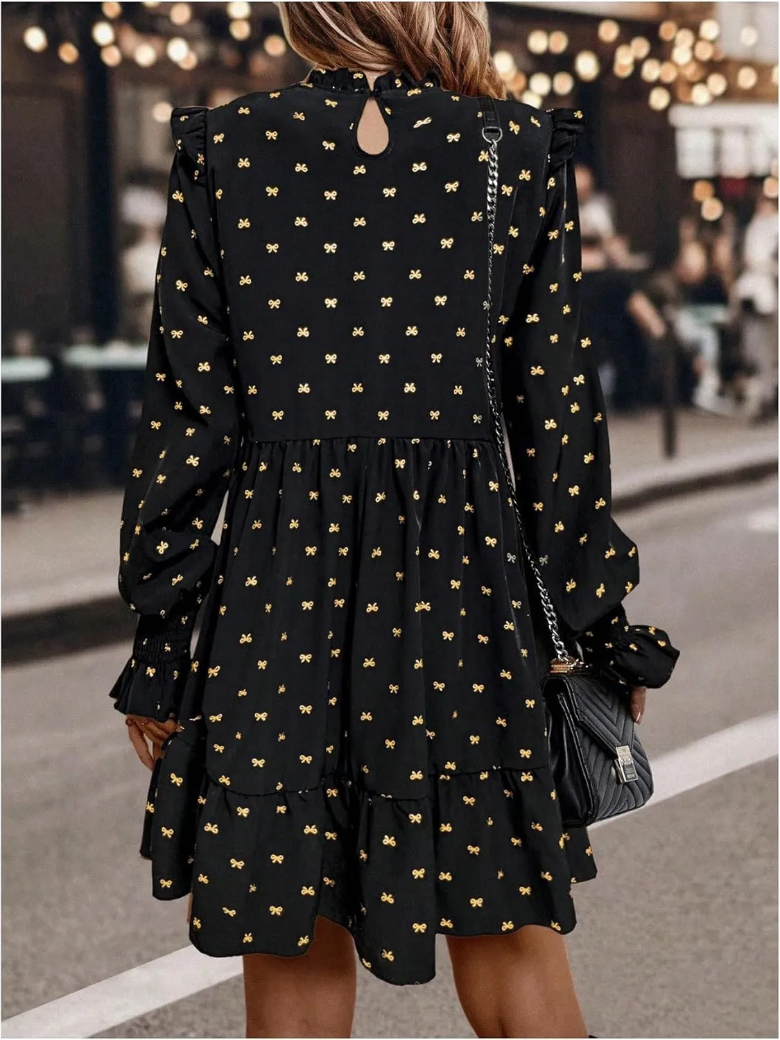 MakeMeChic Women's Ruffle Smock Dress Long Sleeve Mock Neck Shirred Frill Trim Short Dresses