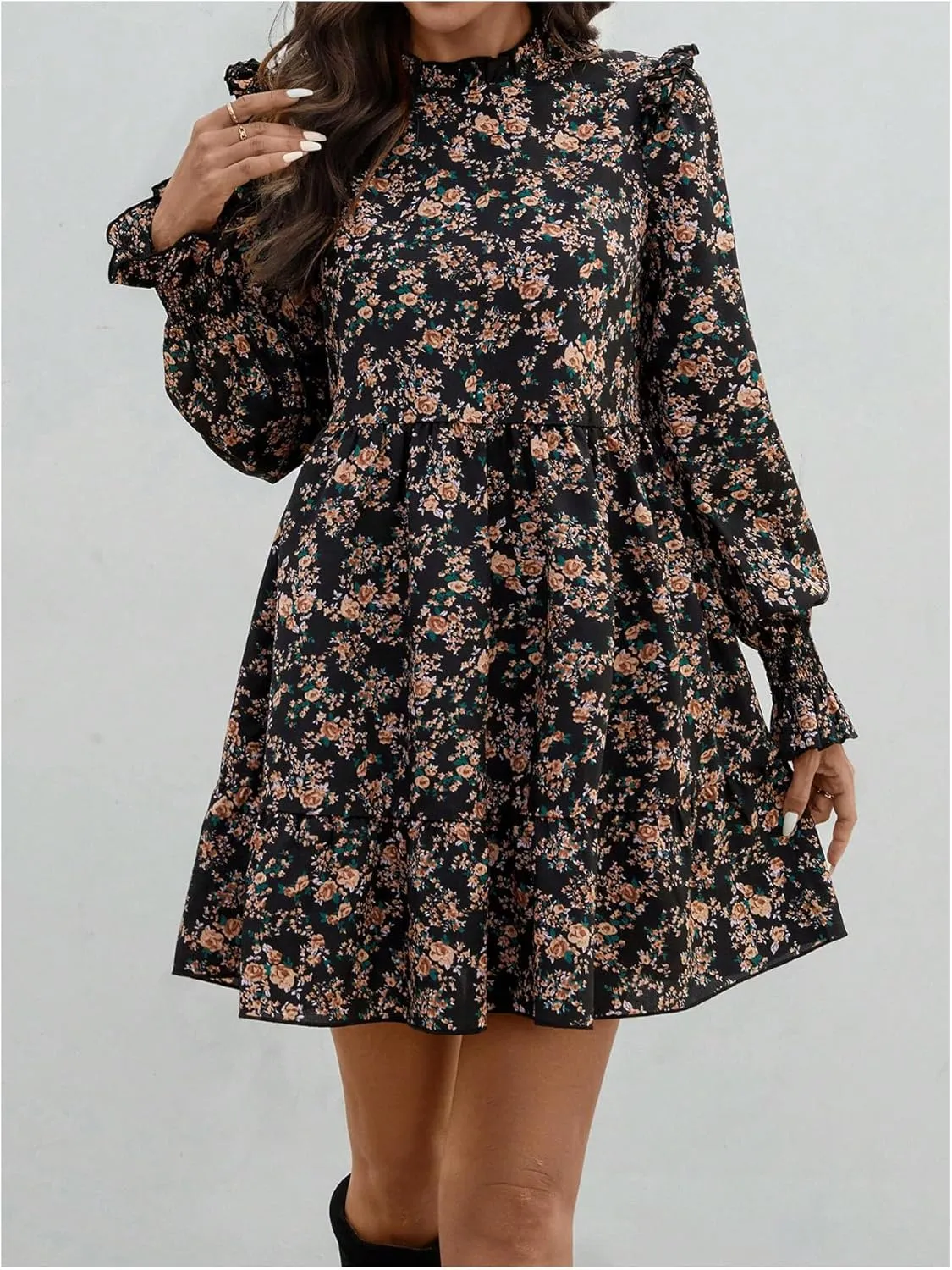 MakeMeChic Women's Ruffle Smock Dress Long Sleeve Mock Neck Shirred Frill Trim Short Dresses