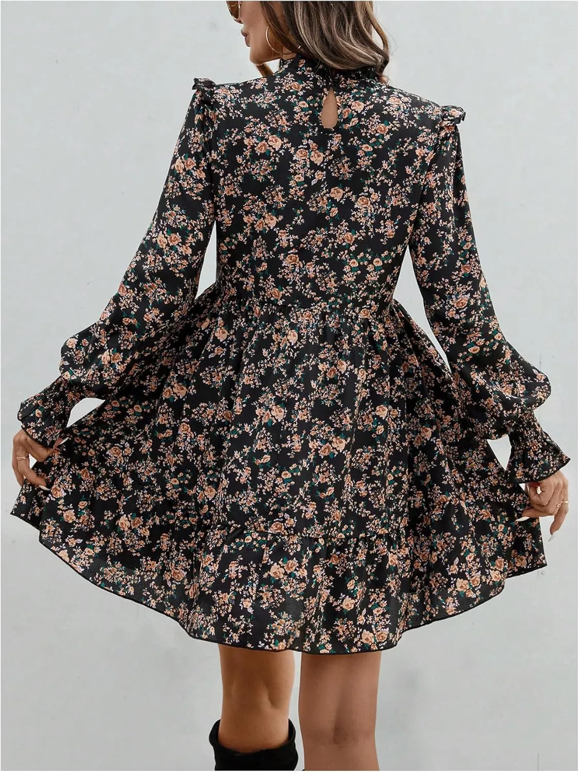 MakeMeChic Women's Ruffle Smock Dress Long Sleeve Mock Neck Shirred Frill Trim Short Dresses