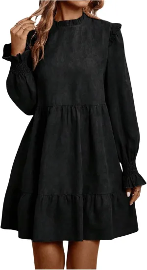 MakeMeChic Women's Ruffle Smock Dress Long Sleeve Mock Neck Shirred Frill Trim Short Dresses